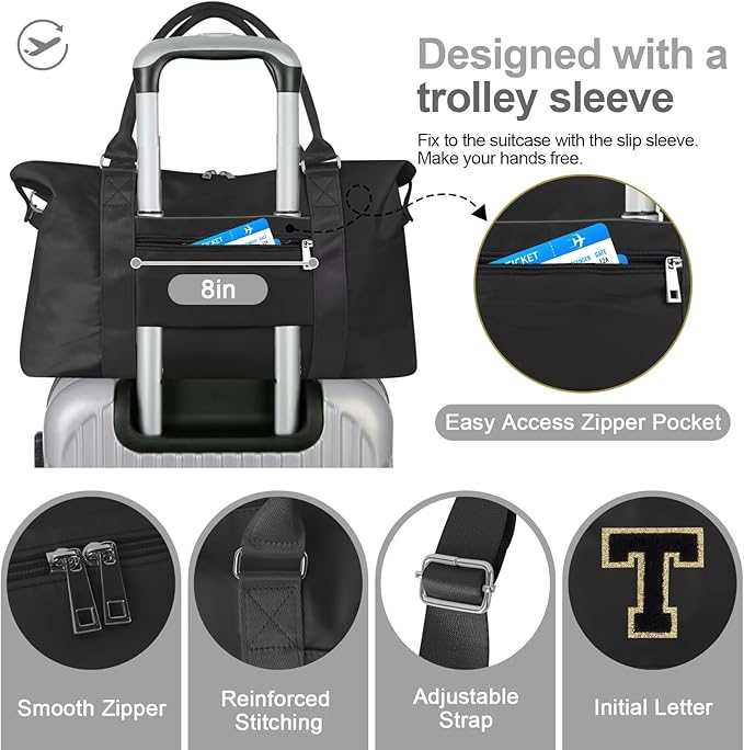 Dance Gym Duffel Bag for Teen Girls, Personalized Initial Travel Weekender Bag,Cute Overnight Carry On Duffle for Women,Sports Travel Cheer Bag,Monogram Christmas Gifts for Tween Preppy(black-T)