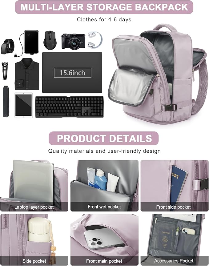 VGCUB Carry on Travel Backpack for Women Men Large Laptop Gym Work Frontier Airlines Personal Item Bag Business Airport Lightweight Backpack Flight Approved Mochilas de Viaje,Pink