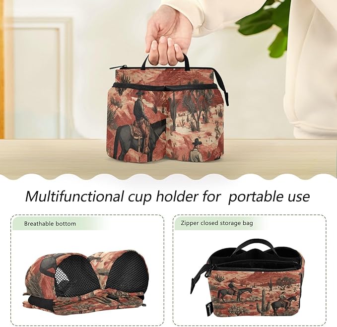 Luggage Cup Holder for Suitcases Free Hands Travel Cup Holder Portable Suitcase Cup Drink Holder Luggage Cup Caddy Bag Carrier Cowboys Horses Cactus Desert