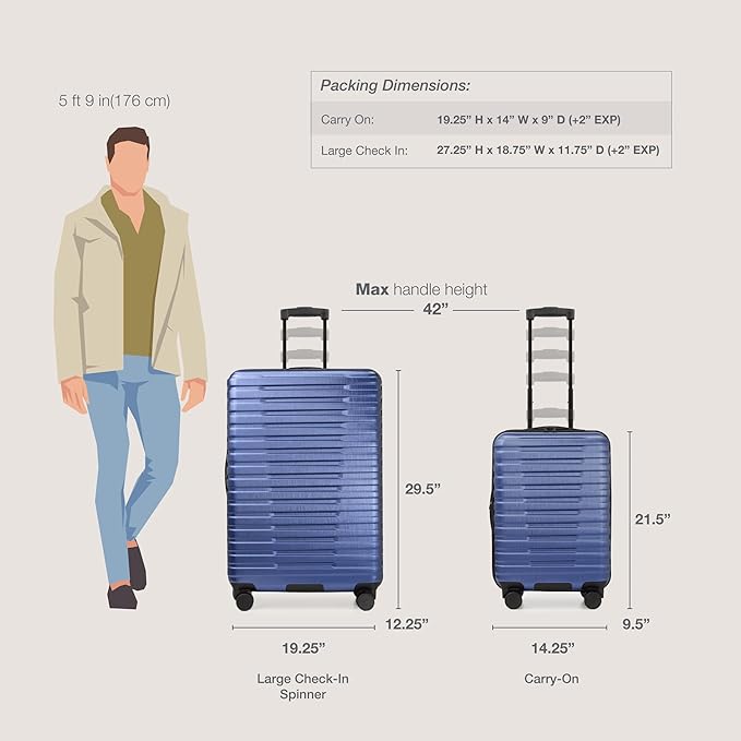 U.S. Traveler Boren Expandable Hardside Rugged Travel Luggage with 8 Spinner Wheels, Navy, 2-Piece Set