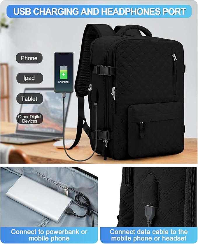 VGCUB Large Travel Backpack for Women Men, Carry on Backpack Airline Approved Gym Backpack Waterproof Business Laptop Daypack, Black