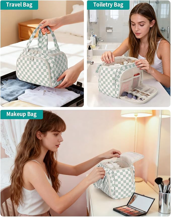 Narwey Checkered Travel Toiletry Bag for Women Large Makeup Bag, Wide-open Cosmetic Make Up Organizer with Handle, Travel Bag for Toiletries, Essentials, Accessories (Mint Green Checkerboard)