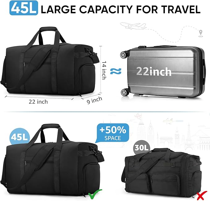 ETRONIK Carry On Luggage 22x14x9 Airline Approved, 45L Waterproof Gym Bag for Men Women, Lightweight Carry on Travel Duffel Bags with Shoe Compartment, Weekender Overnight Duffle Bag for Travel, Black