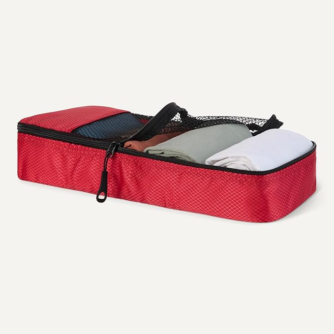Amazon Essentials 4-Piece Space-Saving Packing Cubes Travel Accessories Set, Luggage Organizer with Double Zipper, Mesh Top, Polyester, Slim, Red (Previously Amazon Basics)