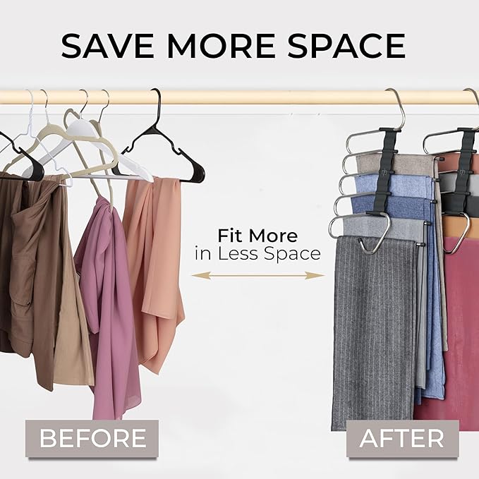 MORALVE Pants Hangers Space Saving - 4 Pack - Non-Slip Multi-Layer Space Saving Hangers - Multifunctional Clothing Rack for Closet Storage - Ideal for Jeans, Trousers, Skirts, Scarves & Slacks (Black)