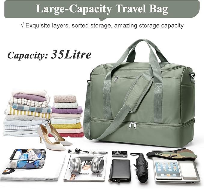 Travel Duffel Bag for Women, Carry-on Overnight Weekender Bags with Wet Pocket, For Spirit Airlines 18x14x8 Personal Item Bag,Small,Olive Green