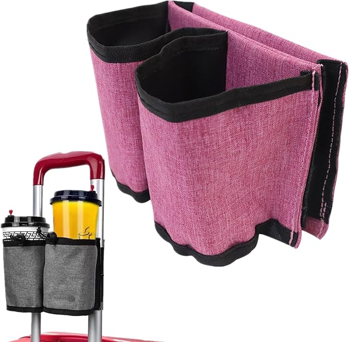 Luggage Travel Cup Holder - Hands-Free Double Coffee Carrier for Suitcases, Ideal for Flight Attendants, Business Trips, Airport Transfers & Train Journeys, Pink