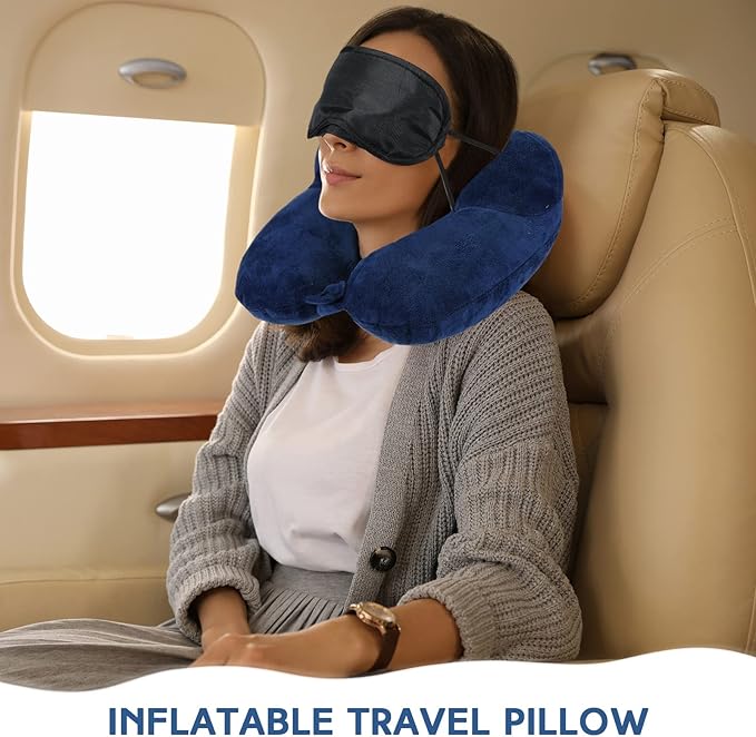Sintuff 2 Pack Inflatable Travel Pillow for Airplanes Inflatable Neck Flight Pillows with Compact Bag and Blindfold for Traveling, Airplane, Train, Car, Office(Black and Blue)