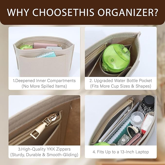 Premium Felt Purse Organizer Insert for Longchamp Le Pliage, Zipper Long Champ Bag Organizer Insert with Cup Holder, 9 Compartments