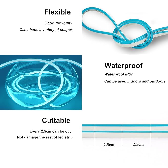 YM E-Bright LED Neon Strip Lights, 16.4ft 600SMD Ice Blue Waterproof 12V | Flexible waterproof rope suits signs, bars, kitchens, bedrooms, parties, and outdoor decor; power supply not included.