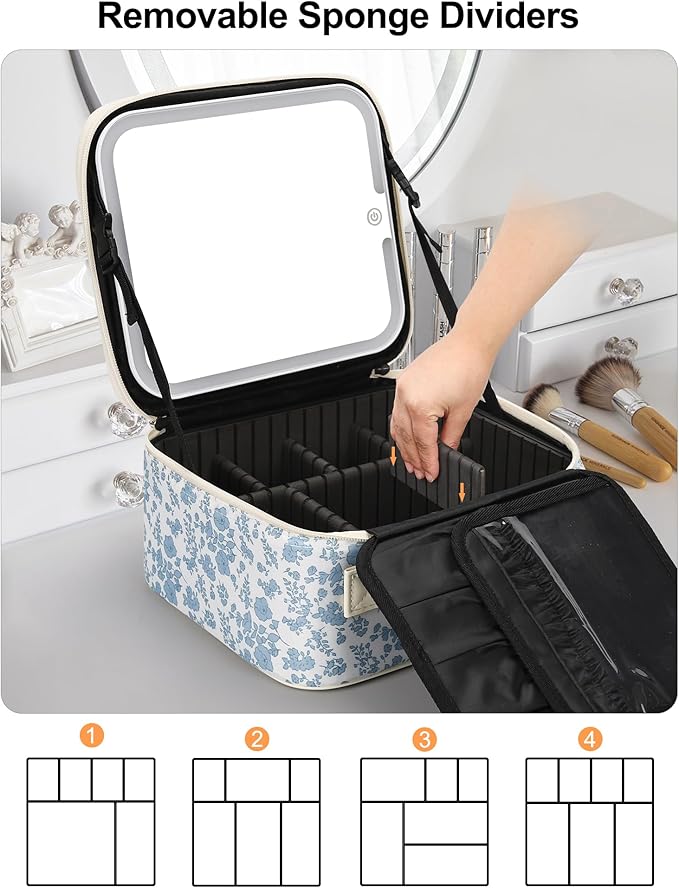 Relavel Travel Makeup Bag with LED Mirror, Portable Cosmetic Train Case with 3 Color Lighted Brightness Mirror, Makeup Artist Organizer Storage with Adjustable Dividers Make Up Box - Blue Flower