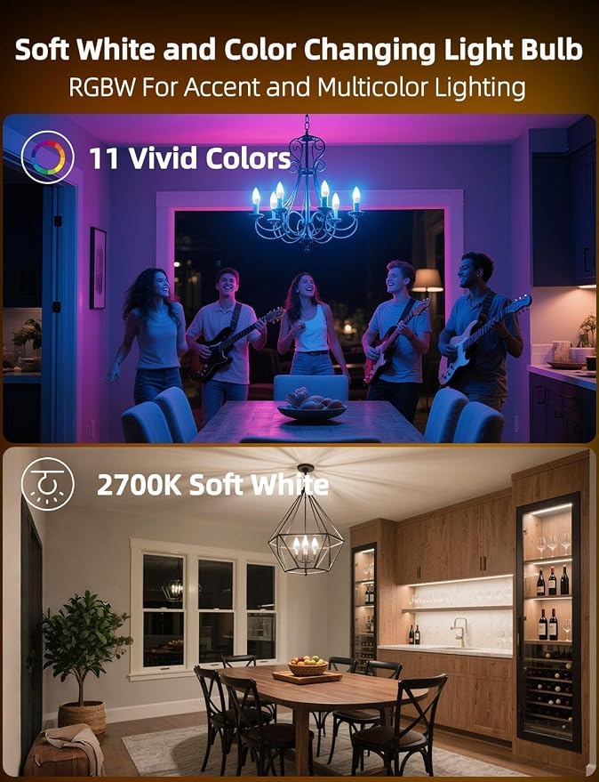 E12 Candelabra Light Bulbs, 120V Color Changing Bulb with Remote, Plug-in Only, E12 Base, 12 RGB+2700K Warm White, 40W Equiv (5W), 450LM, Timer, 2 Modes, for Chandelier/Ceiling Fan, 12 Pack