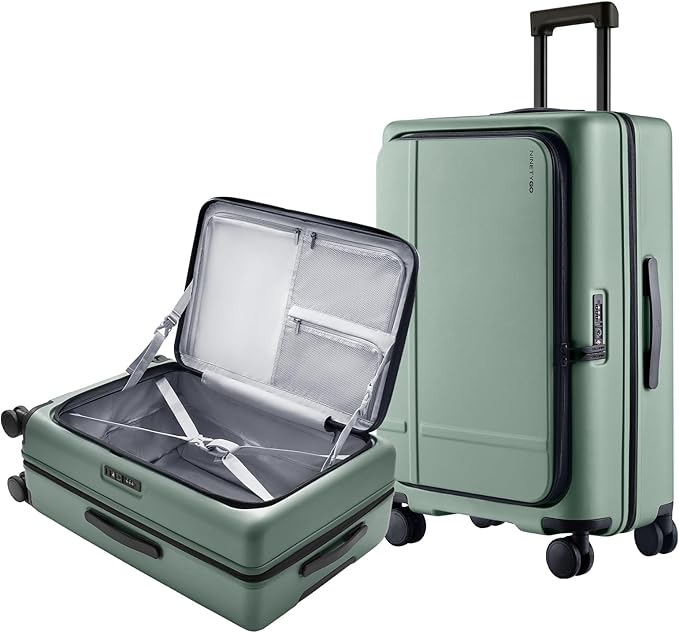 NINETYGO Medium Checked Luggage 25 Inch, Flat Top Opening Check In Luggage with Cup Holder, Expandable, Lightweight PC Hard Shell, TSA Lock, 360° Spinner Wheels (Creamy Matcha Tea)
