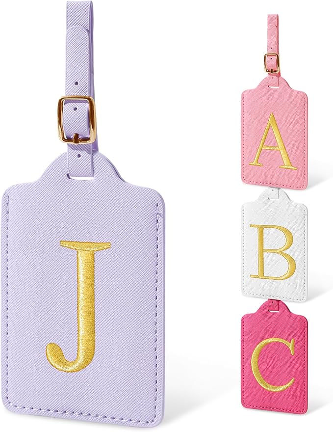 Personalized Initial Luggage Tags for Suitcases, Cute PU Leather Embroidered Letter Travel Luggage Tags, Suitcase Identifier Name Baggage Tag, Bag Tags for Men Women Kids Luggage Handbags(Purple J)