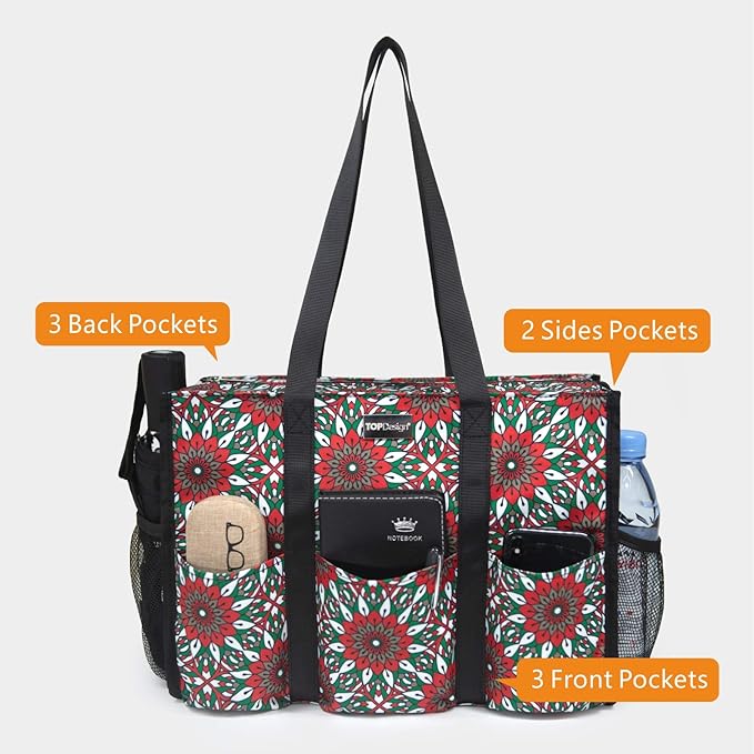 TOPDesign Utility Water Resistant Tote Bag with 13 Pockets, Top Zipper Closure & Thick Bottom Support, for Working Women