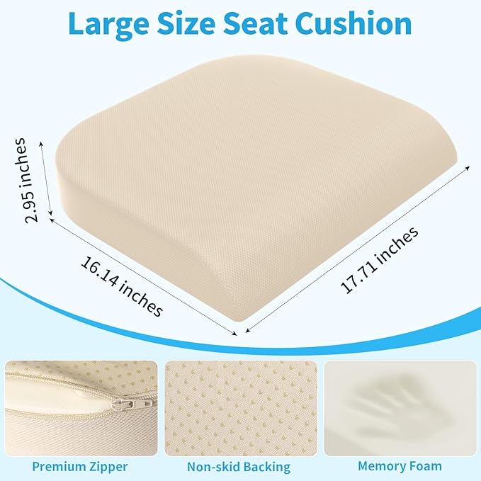 Large Seat Cushion, Memory Foam Cushion for Long Sitting Hours on Office Chair, Home & Car, Non-Slip Chair Pad for Relieving Back & Sciatica & Hip & Coccyx Pain (Khaki)