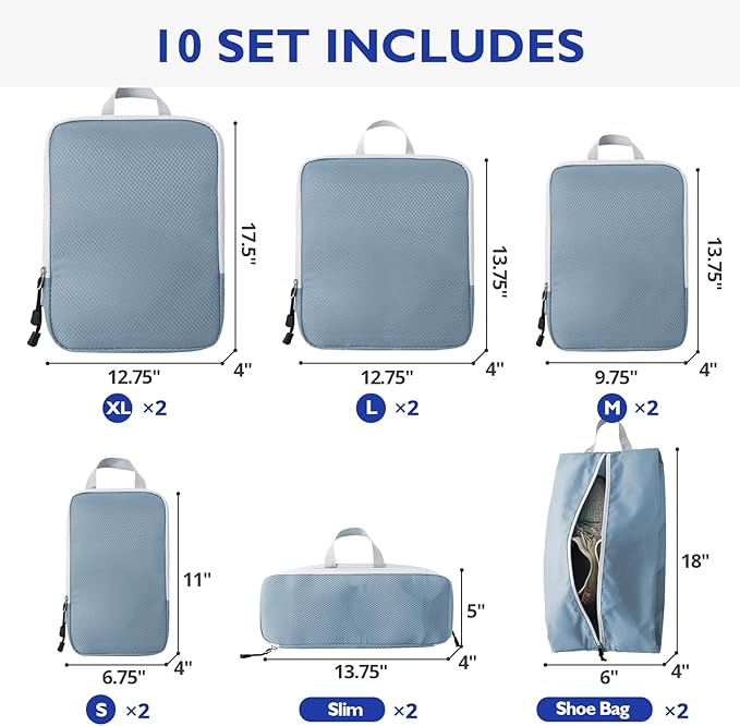 Compression Packing Cubes, 10 Set Packing Cubes for Travel Compression, Lightweight Compressible Package Organizer for Carry On and Suitcases, LakeBlue and Grey