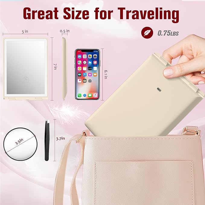 Travel Makeup Mirror with Lights Valentines Day Gifts for Her, Girlfriend, Wife, Birthday Gifts Rechargeable Portable Folding Compact LED Mirror Set with Tweezer 3 Color Light Modes-Cream