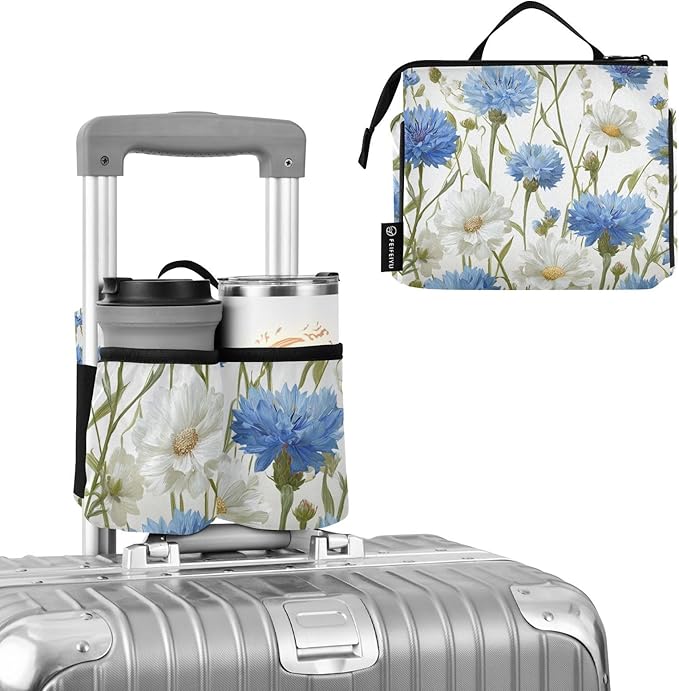 Blue Cornflowers Butterfly White Daisy Luggage Cup Holder Travel Portable Free Hand Drink Carrier Suitcase Drinks Beverage Holder Carry-On Bottle Mug Holder Organizer Bag Travelers Accessories