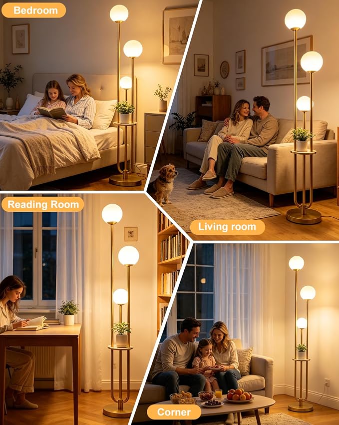 Lightdot Gold Globe Floor Lamp 3-Lights Dimmable Floor Lamps with Tray& Bulbs Included Unique Floor Lamp Modern Standing Lamps with 5Lbs Heavy Base for Living Room/Bedroom//Sofa Beside/Corner Decor