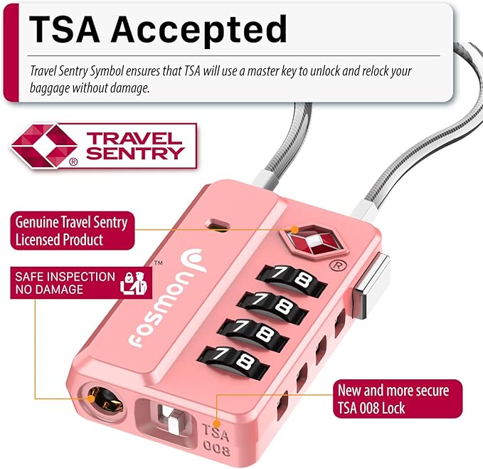 Fosmon Luggage Locks TSA Approved for Luggage & Suitcase, 4 Digit Mini Cable Locks Long Wire Padlock with 4 Combinations and Easy Reset Switch for Travel, Gym Locker, Gun Case, Backpack Zipper- 4 Pack