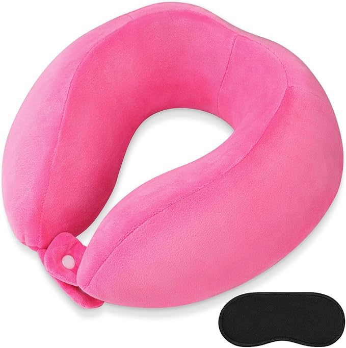 Neck Pillow Adjustable Memory Foam Travel Pillow Soft U Shaped Headrest Neck Support Pillows for Airplanes Sleeping Office Trains Cars Camping Use Rose Red