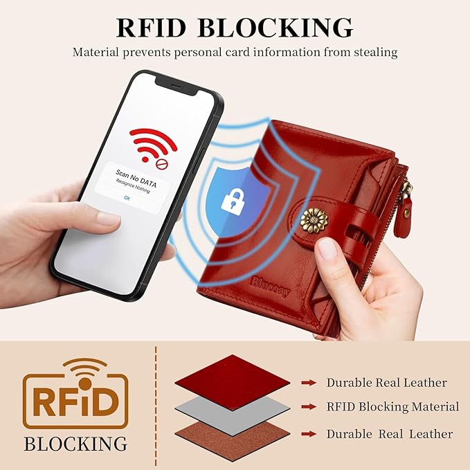 Leather Wallet Women,RFID Blocking Womens Wallet Bifold Compact Card Holder Small Wallet for Women with Removable ID Window Winered