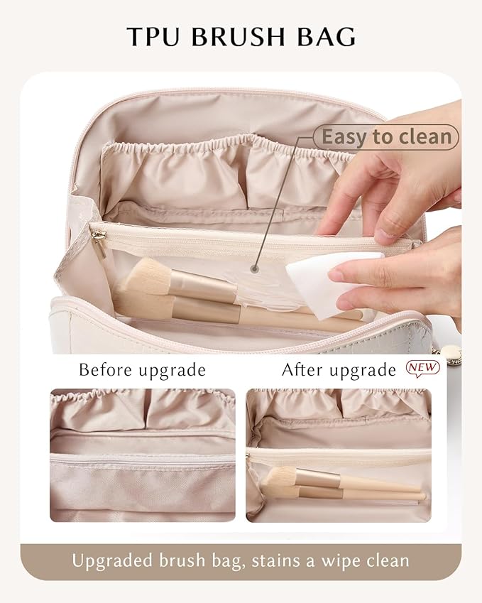 Make Up Bag, Cosmetic Organizer for Women, Waterproof Croc PU Leather Makeup Organizer with Divider and Handle Toiletry Bag Travel Bag(Croc Embossed, White)