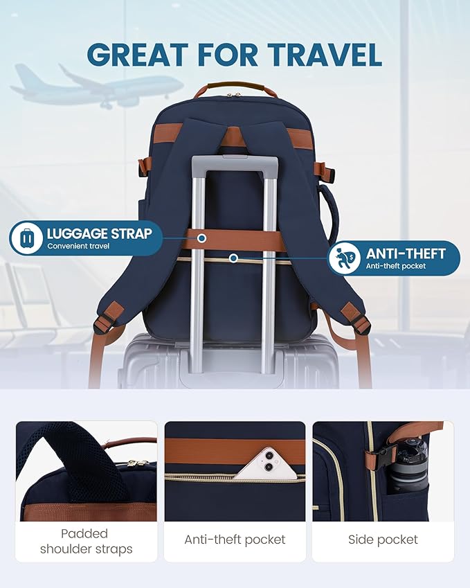 LOVEVOOK Travel Backpack for Women & Men 50L,Airline Approved Carry On Backpack Travel Essentials,TSA Carry on Luggage,Waterproof Personal Item Travel Bag,Suitcase with 3 Packing Cubes,Dark blue-Brown