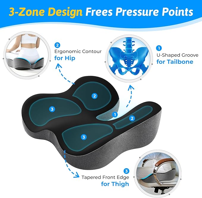 Seat Cushion for Tailbone & Sciatica Pain Relief - Plush Yet Supportive Ergonomic Memory Foam Chair Cushions for Office Chair, Car, Wheelchair,Airplane & Long Sitting