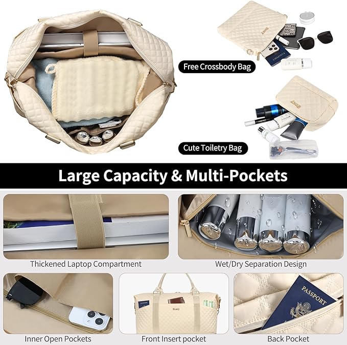Weekender Bag, Large Travel Duffel Bag for Women, Carry on Overnight Bag with Shoe Compartment and Toiletry Bags