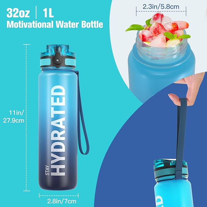 Sahara Sailor Water Bottle, 32/25/17oz Durable and Leakproof Water Bottles Motivational with Time Marker, Tritan, BPA Free, Wide Mouth with Easy Clean Brush for Gym, Travel, School, Office (1 Bottle)