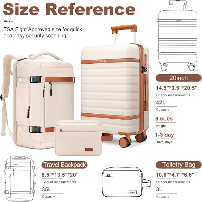 Luggage Sets 3 Piece with Spinner Wheels, Lightweight PC Hardside Suitcase with TSA Lock & YKK Zippers, 20 Inch Carry On Luggage with Travel Bag for Men and Women, Beige