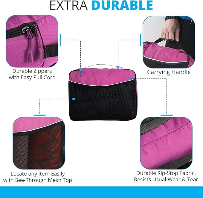 bago 7 Pcs Packing Cubes for Suitcases - 4 Travel Cubes with 3 ZipLock Bags - Luggage Organizer Bags to Get Maximum Storage, Save Time & Effort to Pack - Happy Traveling (Pink)