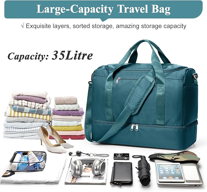Travel Duffel Bag for Women, Carry-on Overnight Weekender Bags with Wet Pocket, For Spirit Airlines 18x14x8 Personal Item Bag,Small,Peacock Blue