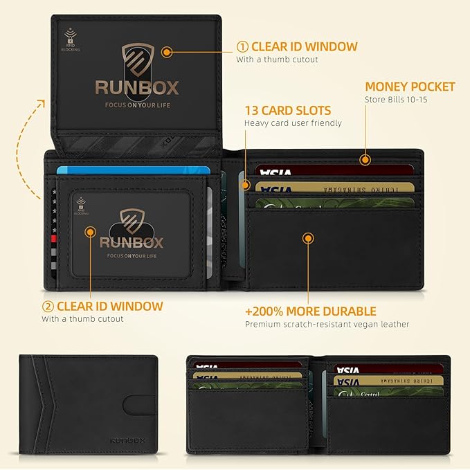 RUNBOX Wallet for Men Slim Rfid Leather 2 ID Window With Gift Box | Slim, Rfid, 2 ID Window, With Gift Box, Slim, Rfid