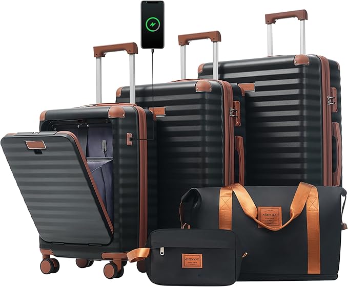Merax Luggage Sets Front Opening, 3 Piece Hardshell Suitcase with Spinner Wheels and Bags,Lightweight Carry on Luggage with USB Port and Cup Holder,20+24+28,Black and Brown