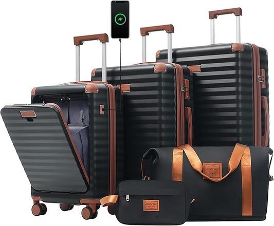 Merax Luggage Sets Front Opening, 3 Piece Hardshell Suitcase with Spinner Wheels and Bags,Lightweight Carry on Luggage with USB Port and Cup Holder,20+24+28,Black and Brown