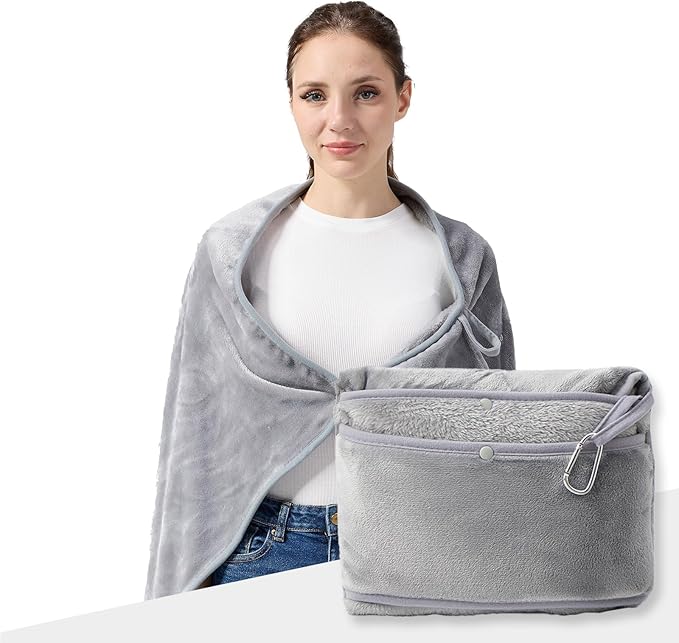 Travel Blanket with Carry Bag, Lightweight Wearable Airplane Blanket, Soft Packable Throw for Travel & Office Light Grey