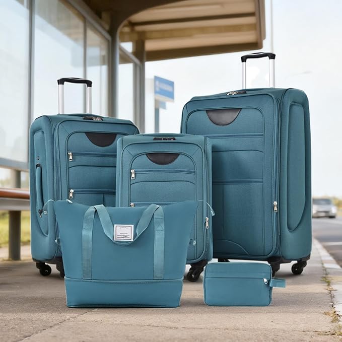 Luggage Sets Softside Expandable 3 Piece Set Lightweight Suitcase with Duffel Bag Upright Spinner Softshell, TSA Lock Carry On for Business for Family Travel (Green, 22"/26"/30")