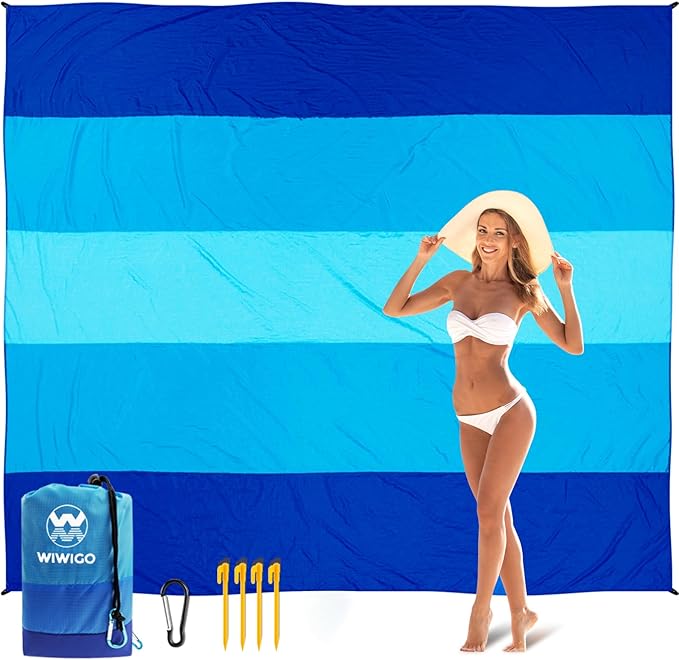 Beach Blanket Sandproof Extra Large Beach Mat Adults Waterproof Quick Drying Sand Free Mat Made by Premium Polyester with 4 Stakes & 4 Corner Pockets for Outdoor Travel Camping Hiking