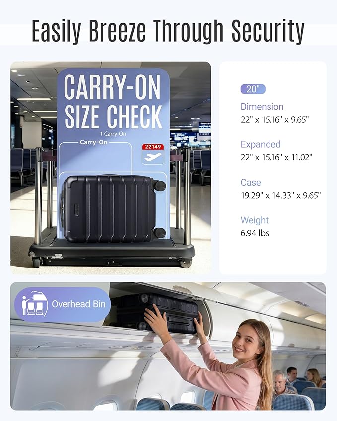 LIGHT FLIGHT Carry On Luggage 22x14x9 Airline Approved, Expandable Carry On Suitcases with Wheels, Lightweight Luggage, Durable Hard Shell 20 Inch Rolling Suit Case for Men Women Travel Black
