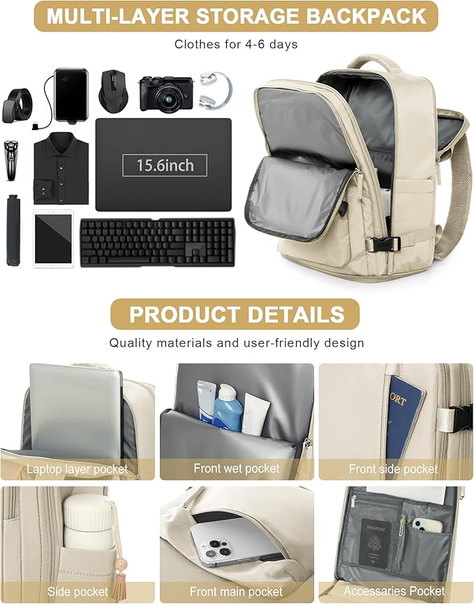 VGCUB Large Travel Work Business Backpack Carry on flight Approved 17 Inch Laptop Backpack for Women Men with Laptop Compartment Mochila de Viaje,Beige | Travel, Work, Business, 17 Inch