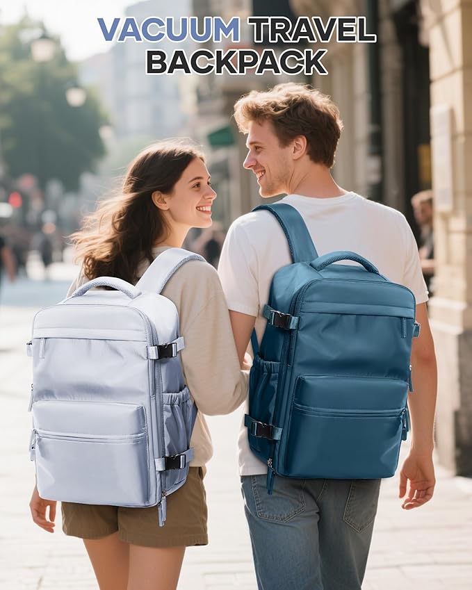 Vacuum Travel Backpack with Pump for Women,Personal Item Carry on Backpacks Flight Approved 18x14x8 inches for Men,Laptop Waterproof Work Compression bags Casual Daypack Grey
