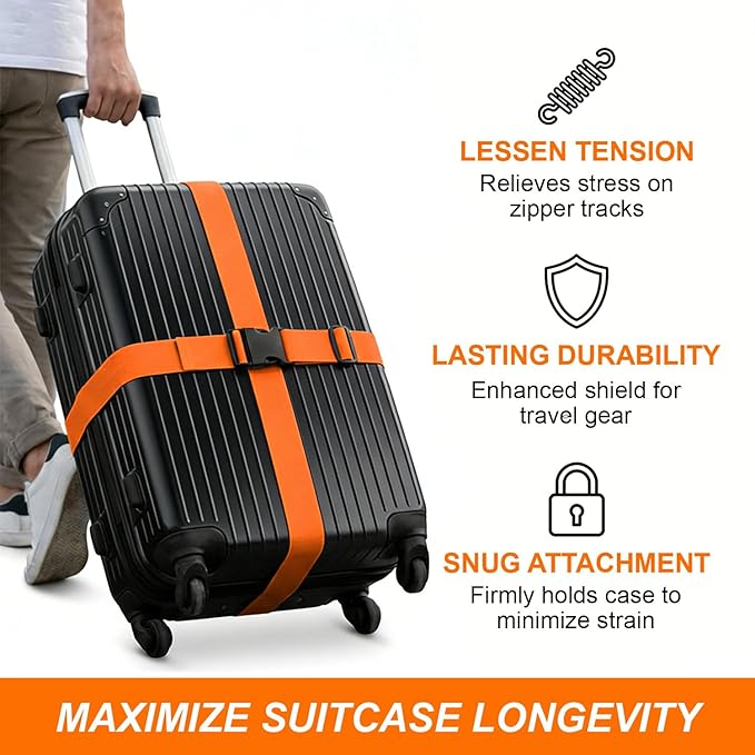 4 Pack Adjustable Luggage Straps for Suitcases – Secure Lock Travel Belts, 40''–78'' Fit, Easy Luggage Identification (Orange)