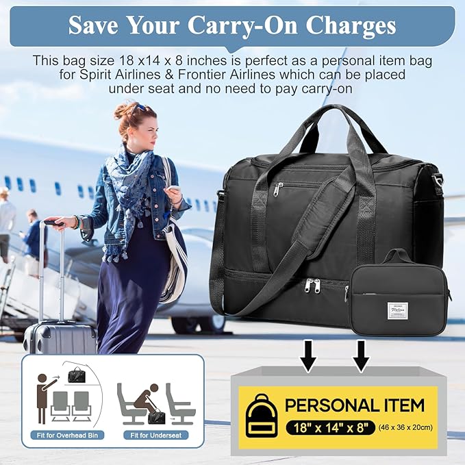 Travel Duffel Bag for Women, Carry-on Overnight Weekender Bags with Wet Pocket & Toiletry Bag, For Spirit Airlines 18x14x8 Personal Item Bag,3 Pcs Set,Small,Black