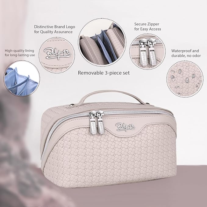 BOYATU Travel Makeup Bag Cosmetic Bags for Women: Large Capacity 3 Pcs Set Make up Bag with Compartments - Waterproof Vegan Leather Toiletry Organizer Bags with Handle (L18 Beige)
