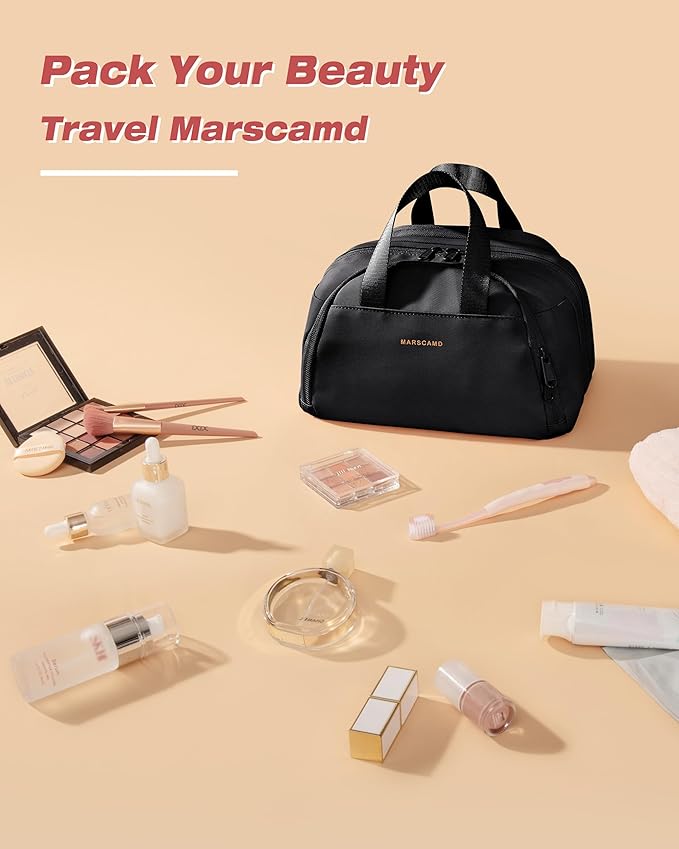 Travel Makeup Bag, Small Size Waterproof Toiletry & Cosmetic Organizer with Leakproof Pockets for Bathroom or Vanity Use for Women, Black