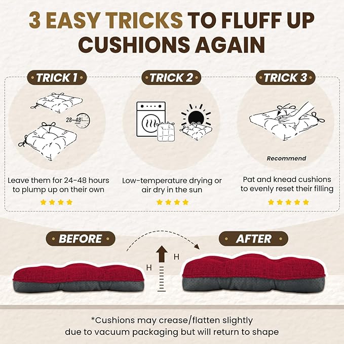 downluxe Indoor Chair Cushions for Dining Chairs, Tufted Overstuffed Textured Kitchen Chair Pads with Ties and Non-Slip Backing, 15.5" x 15.5" x 4", Red, 6 Pack