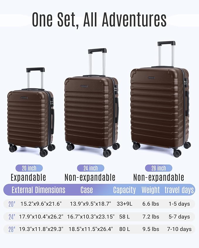LIGHT FLIGHT Luggage Sets, 3 Piece Durable Suitcase Set with Spinner Wheels, 3 Pcs Hard Shell Lightweight Luggage with TSA Lock, Large Checked Travel Suitcases, 20/24/28 Inch,Brown